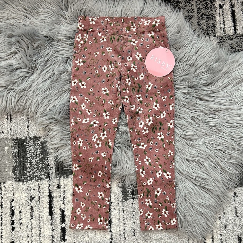 BISBY Girls Mauve Pink Floral Corduroy Pants Size 5T